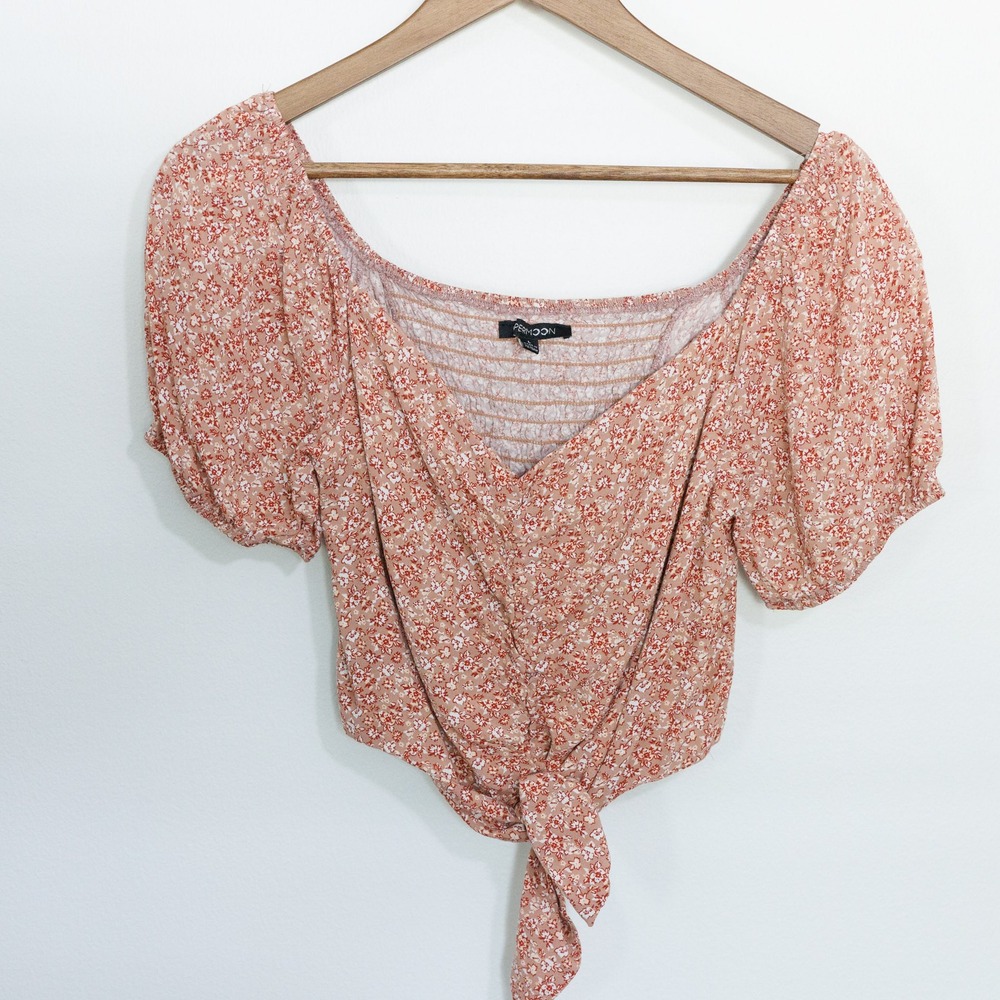 Paper Moon Floral Puff Sleeve Tie Front Smocked Crop Top BE11814F Terracotta L